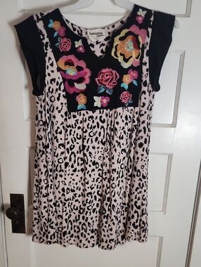 Savanna Jane Pink Leopard Dress with Black Floral Embroidered Yoke